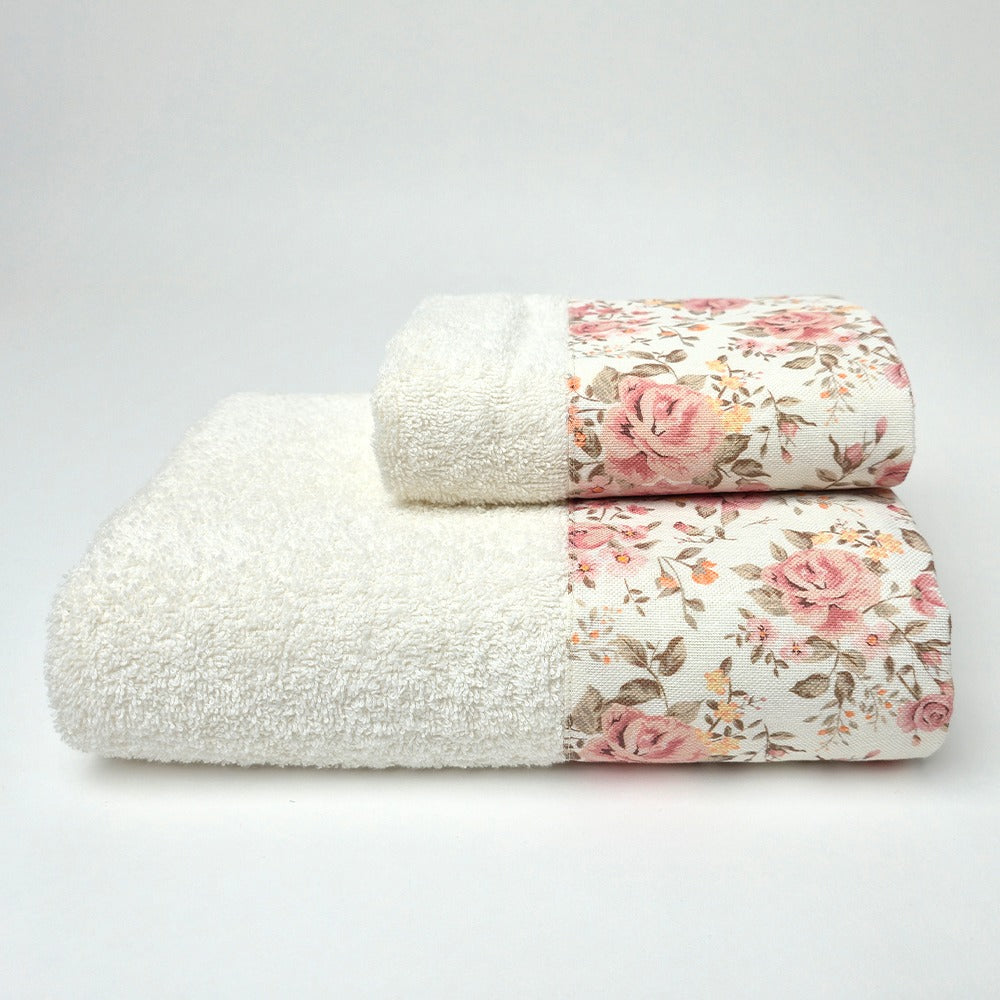 Set Asciugamani 1+1 (Viso + Ospite) con Balza Stampata - Roses (Cipria)