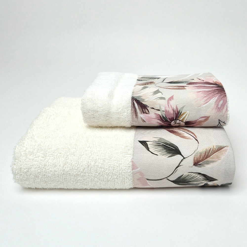 Set Asciugamani 1+1 (Viso + Ospite) con Balza Stampata - Leaf
