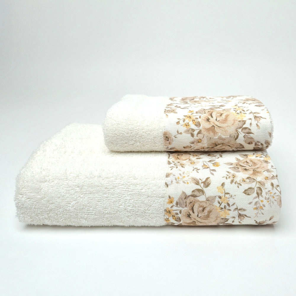 Set Asciugamani 1+1 (Viso + Ospite) con Balza Stampata - Roses (Beige)