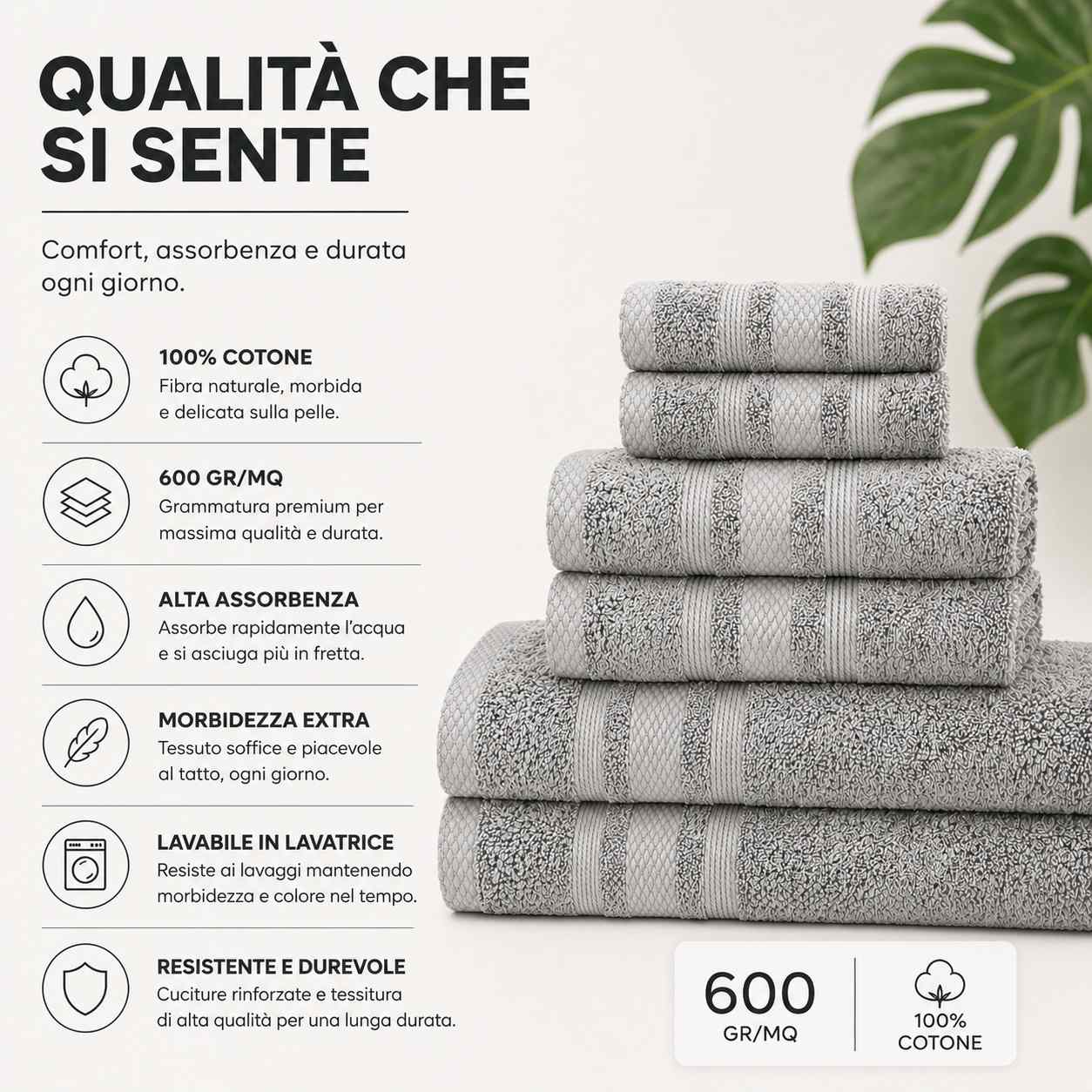 Set Asciugamani Bagno 3 Pezzi, 100% Puro Cotone, Telo Doccia + Asciugamani Viso + Ospiti, Morbidi e Assorbenti, Spugna 600 gr, per Bagno, Hotel e Spa (Bianco)