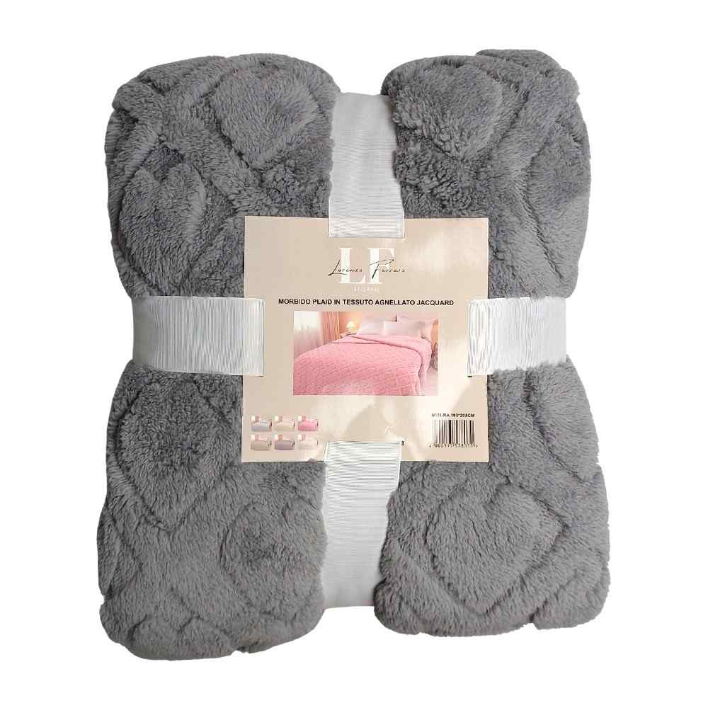 Plaid in morbido coral fleece con retro in pelliccia, 190x205 cm - PL110 (Grigio)