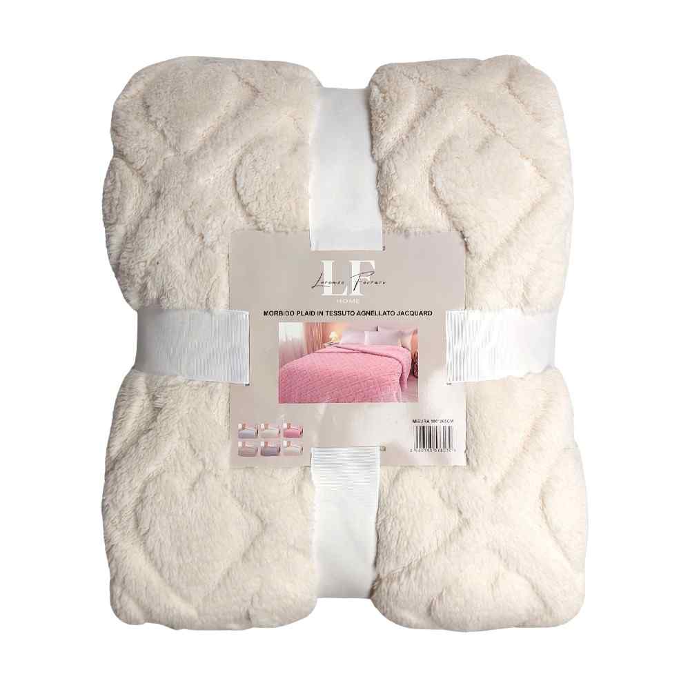 Plaid in morbido coral fleece con retro in pelliccia, 190x205 cm - PL110 (Panna)