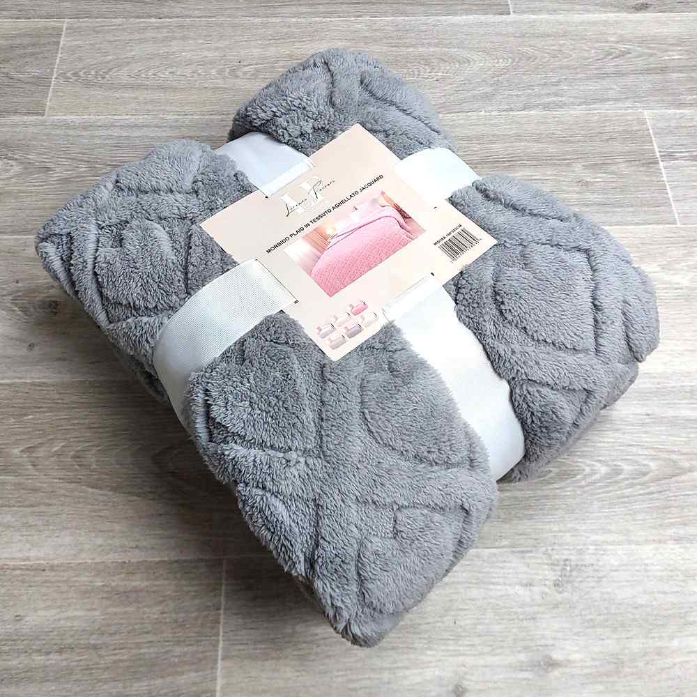 Plaid in morbido coral fleece con retro in pelliccia, 190x205 cm - PL110 (Grigio)