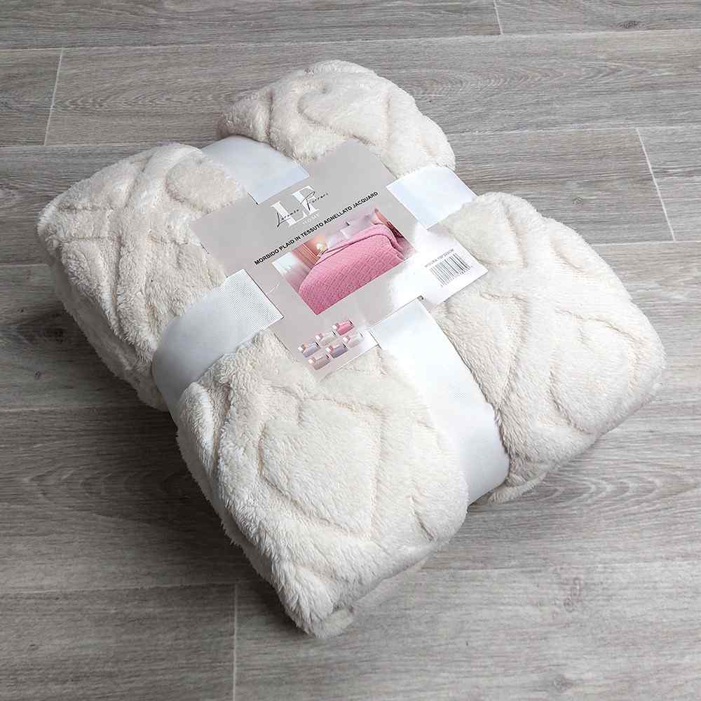 Plaid in morbido coral fleece con retro in pelliccia, 190x205 cm - PL110 (Panna)
