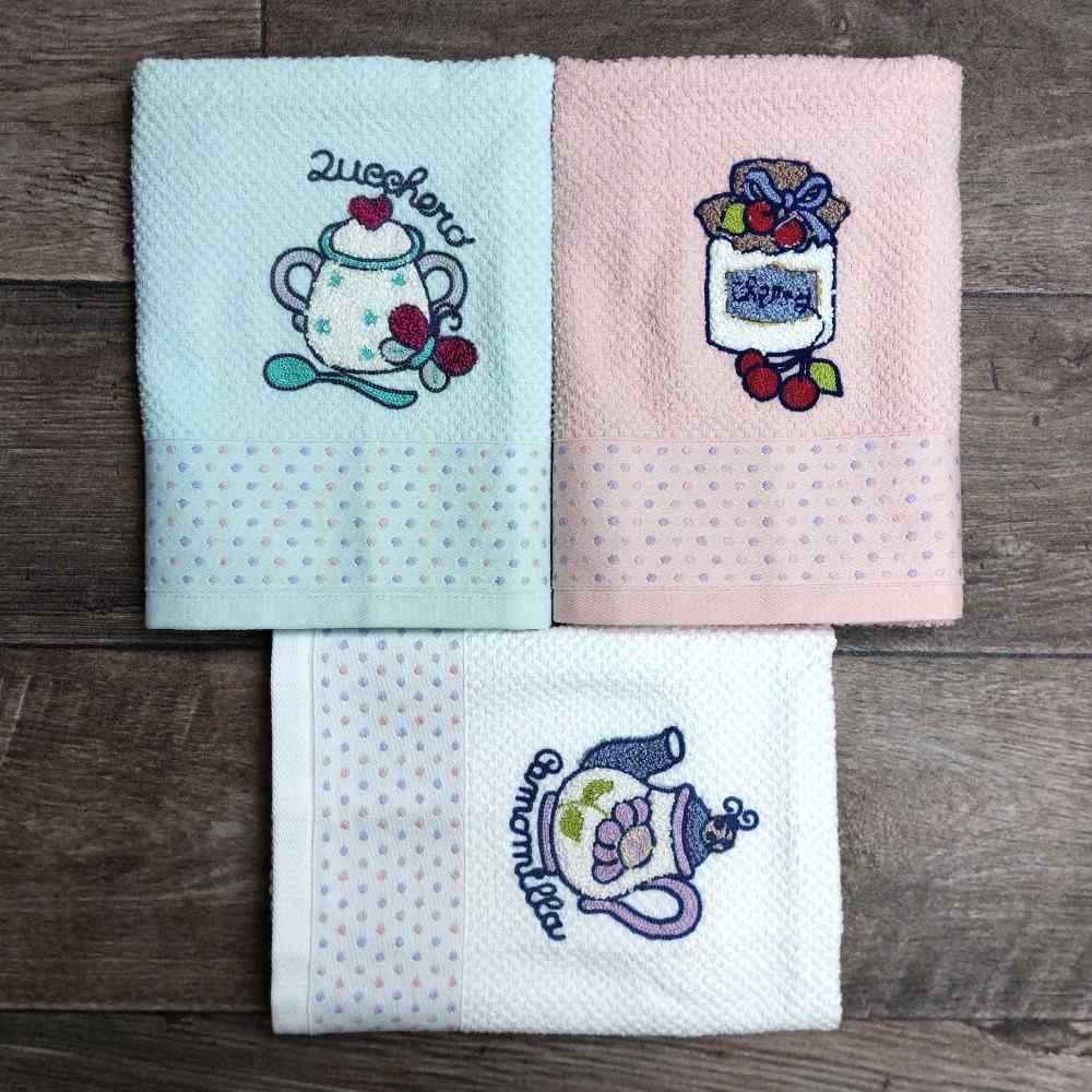 Set 3 pezzi Strofinacci in Spugna con Ricamo - Breakfast 02