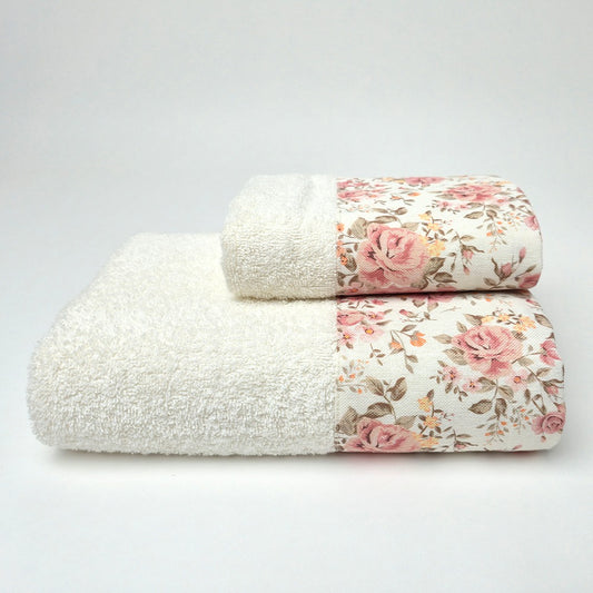 Set Asciugamani 1+1 (Viso + Ospite) con Balza Stampata - Roses (Cipria)