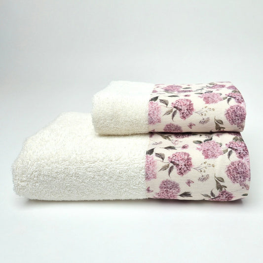 Set Asciugamani 1+1 (Viso + Ospite) con Balza Stampata - Flowers