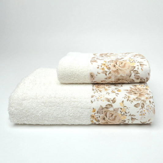 Set Asciugamani 1+1 (Viso + Ospite) con Balza Stampata - Roses (Beige)