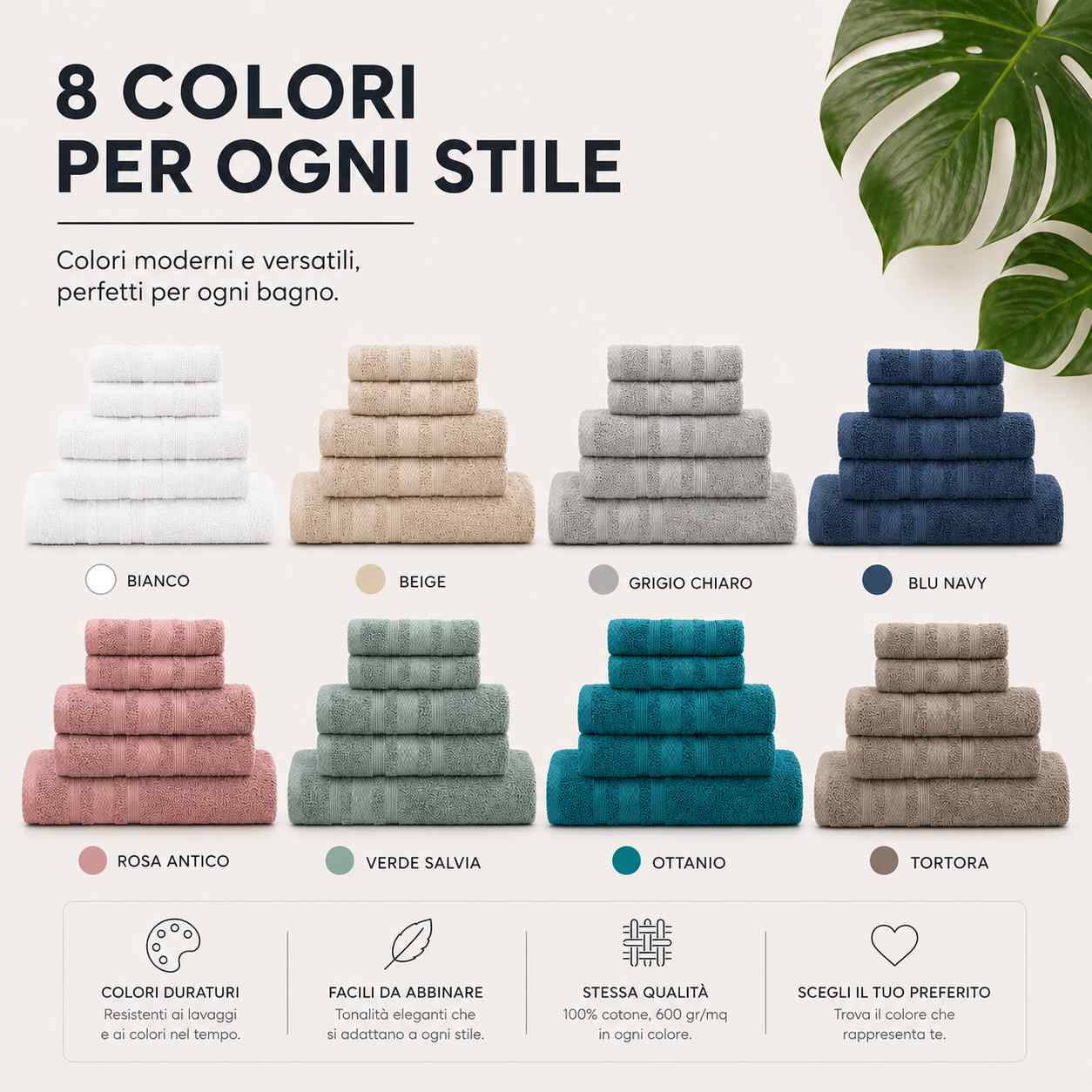 Set Asciugamani Bagno 6 Pezzi, 100% Puro Cotone, 2 Telo Doccia + 2 Asciugamani Viso + 2 Ospiti, Morbidi e Assorbenti, Spugna 600 gr, per Bagno, Hotel e Spa