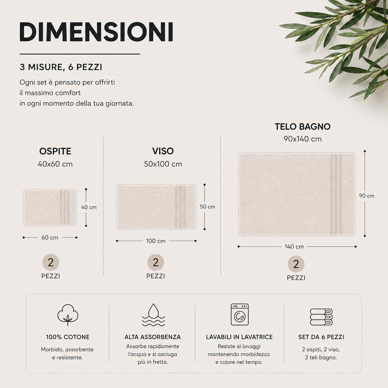 Set Asciugamani Bagno 6 Pezzi, 100% Puro Cotone, 2 Telo Doccia + 2 Asciugamani Viso + 2 Ospiti, Morbidi e Assorbenti, Spugna 600 gr, per Bagno, Hotel e Spa