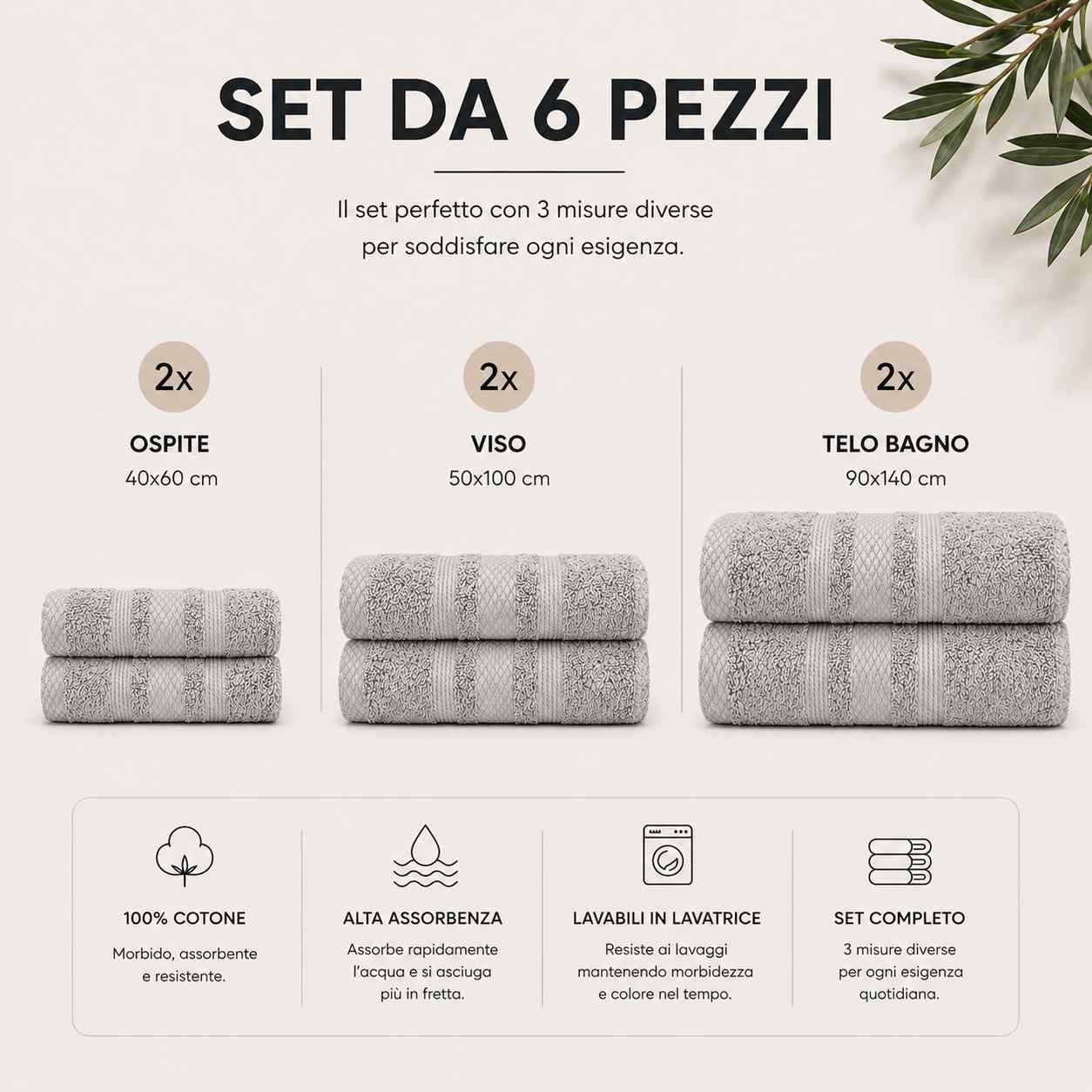 Set Asciugamani Bagno 6 Pezzi, 100% Puro Cotone, 2 Telo Doccia + 2 Asciugamani Viso + 2 Ospiti, Morbidi e Assorbenti, Spugna 600 gr, per Bagno, Hotel e Spa
