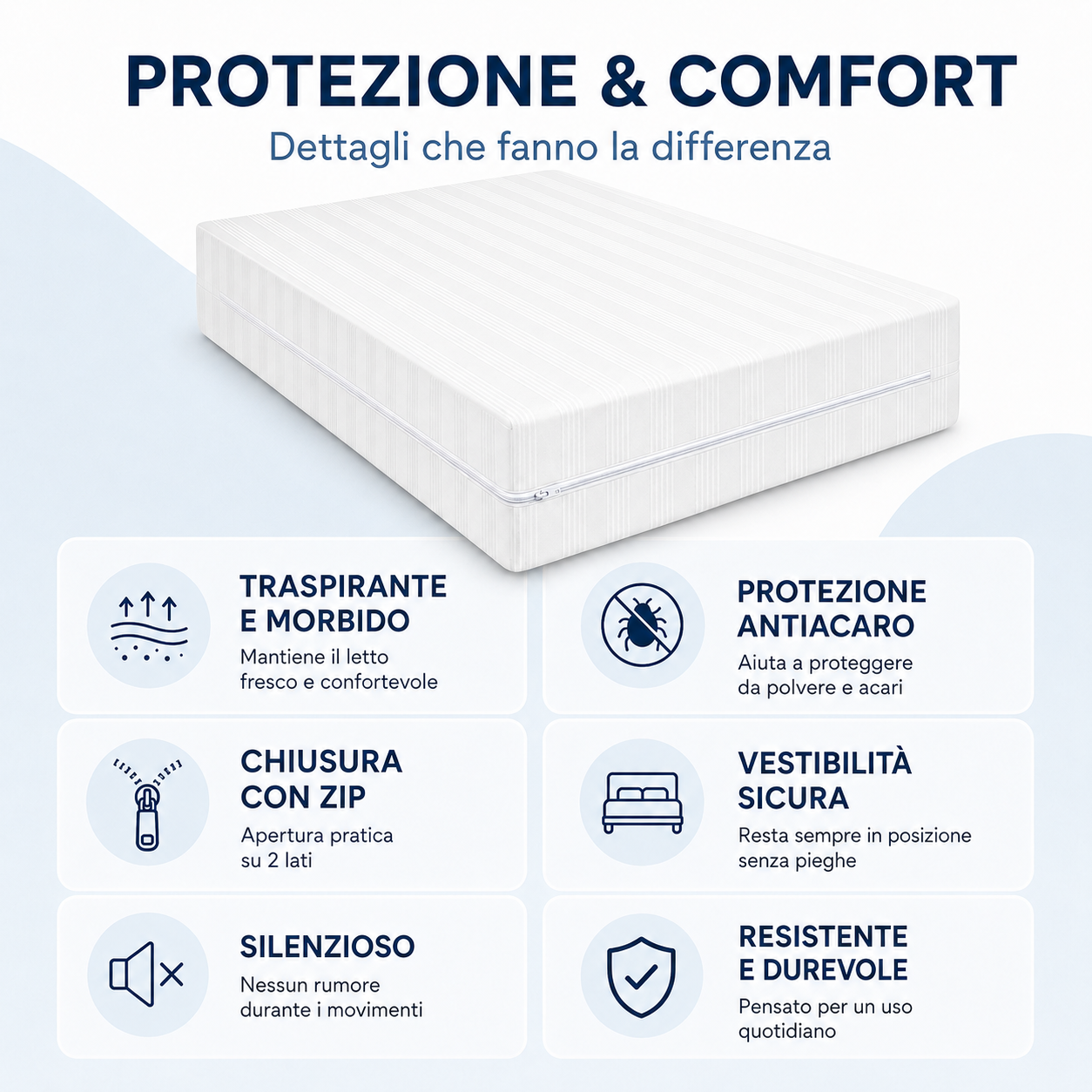 Coprimaterasso con Cerniera in Cotone, Fodera Materasso a Sacco con Zip, Protezione Integrale Anti-Acaro