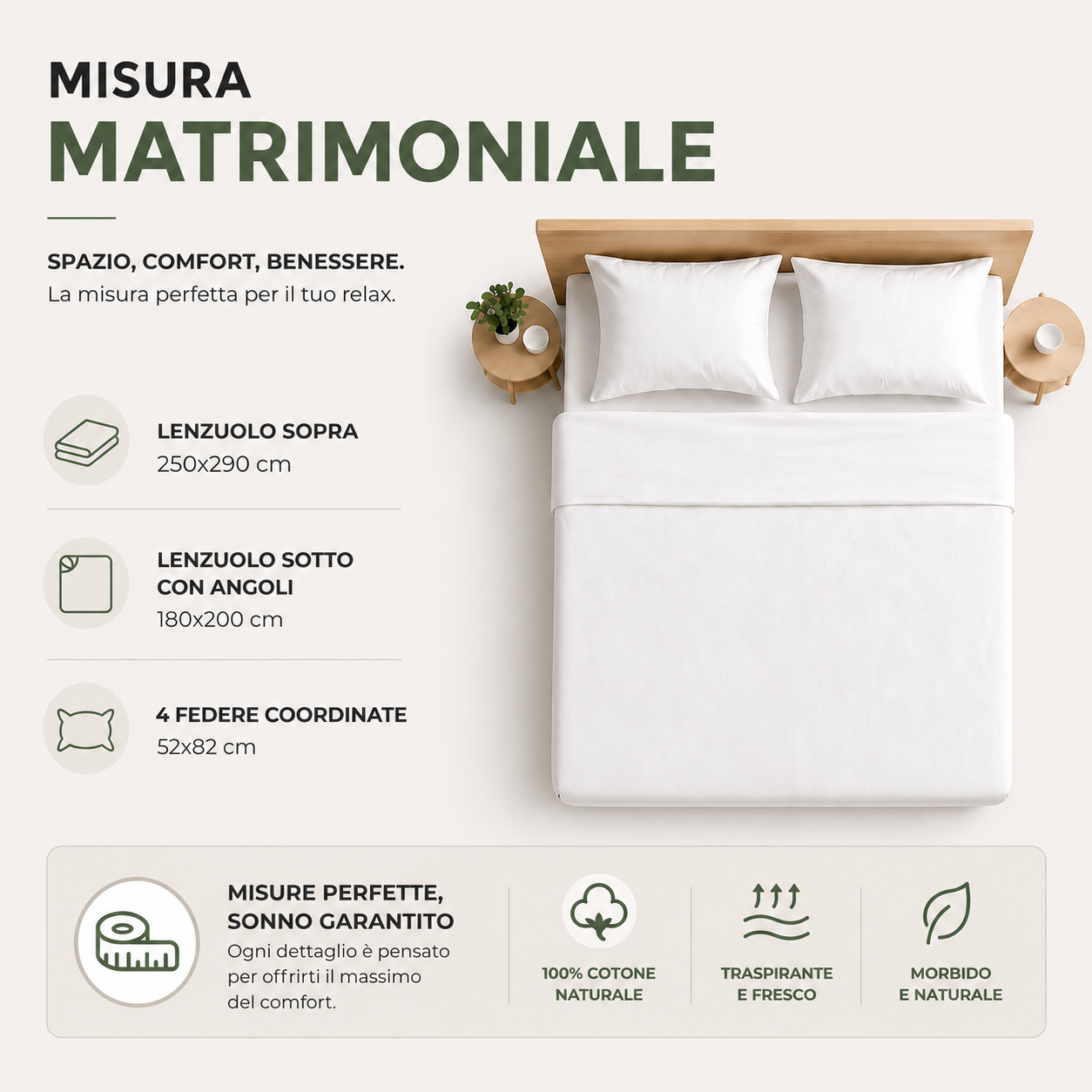 Completo Lenzuola Matrimoniale in Puro Cotone con 4 federe di Maestri Cotonieri - Valencia (Cipria)