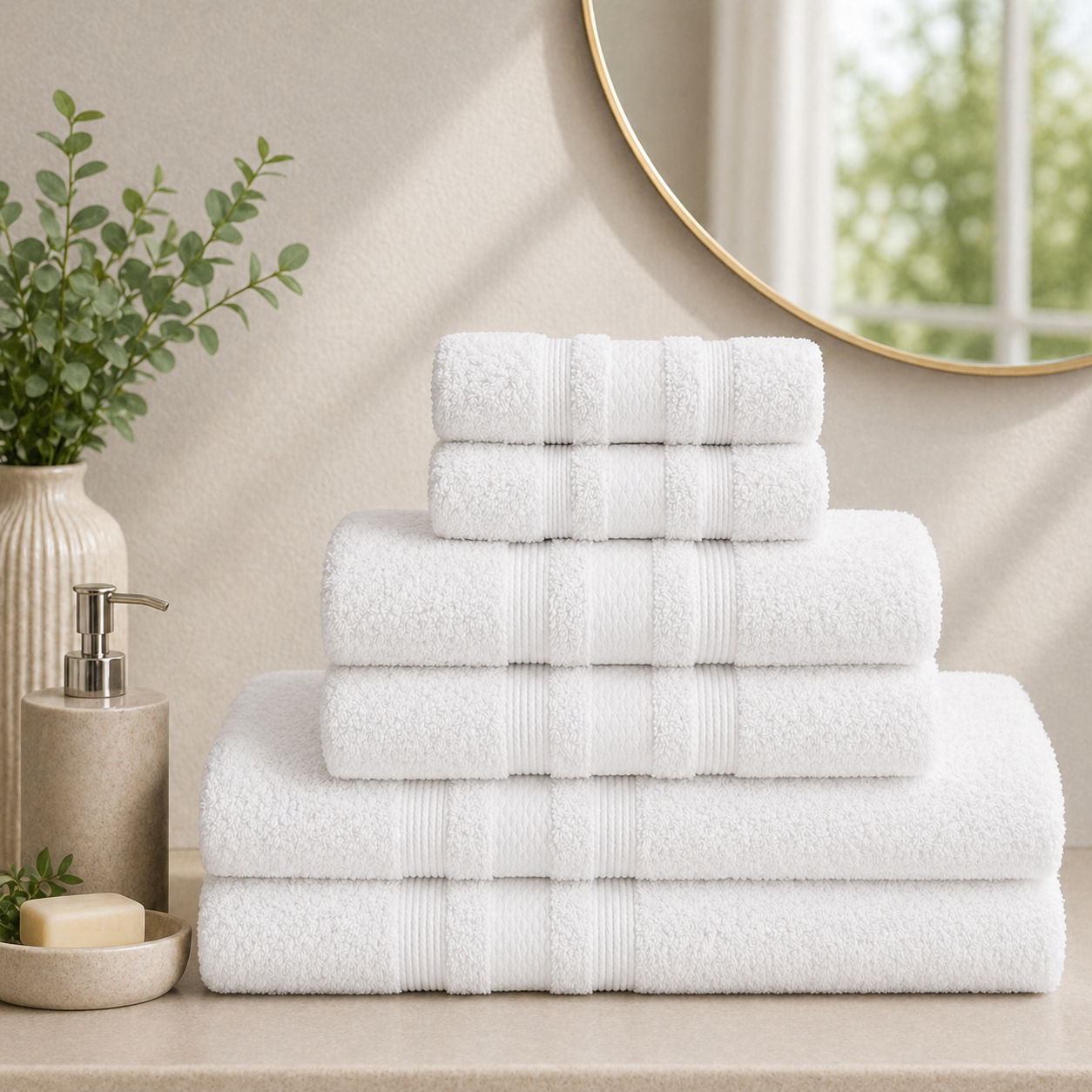 Set Asciugamani Bagno 6 Pezzi, 100% Puro Cotone, 2 Telo Doccia + 2 Asciugamani Viso + 2 Ospiti, Morbidi e Assorbenti, Spugna 600 gr, per Bagno, Hotel e Spa (Bianco)