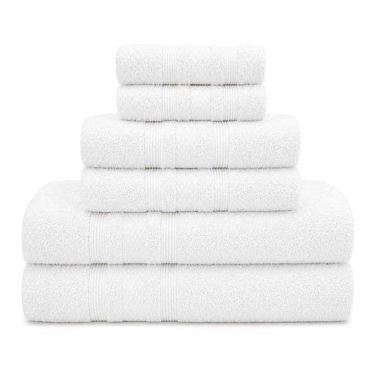 Set Asciugamani Bagno 6 Pezzi, 100% Puro Cotone, 2 Telo Doccia + 2 Asciugamani Viso + 2 Ospiti, Morbidi e Assorbenti, Spugna 600 gr, per Bagno, Hotel e Spa (Bianco)